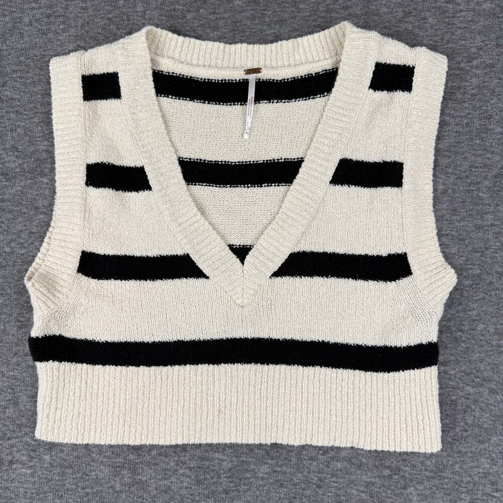 Free People Black White Striped Crop Knit Tee V-Neck Women's XS